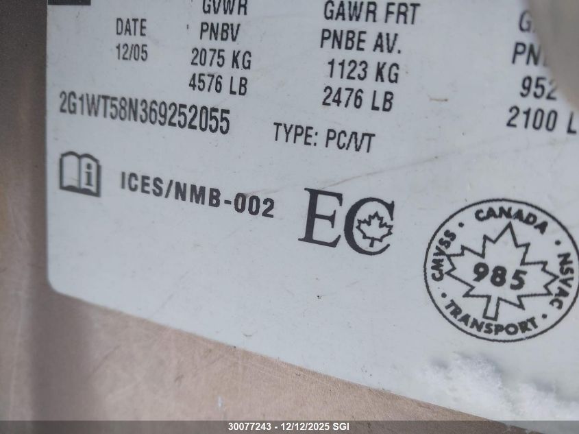 2006 Chevrolet Impala Lt VIN: 2G1WT58N369252055 Lot: 30077243