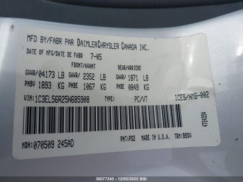 2005 Chrysler Sebring Touring VIN: 1C3EL56R25N685908 Lot: 30077245