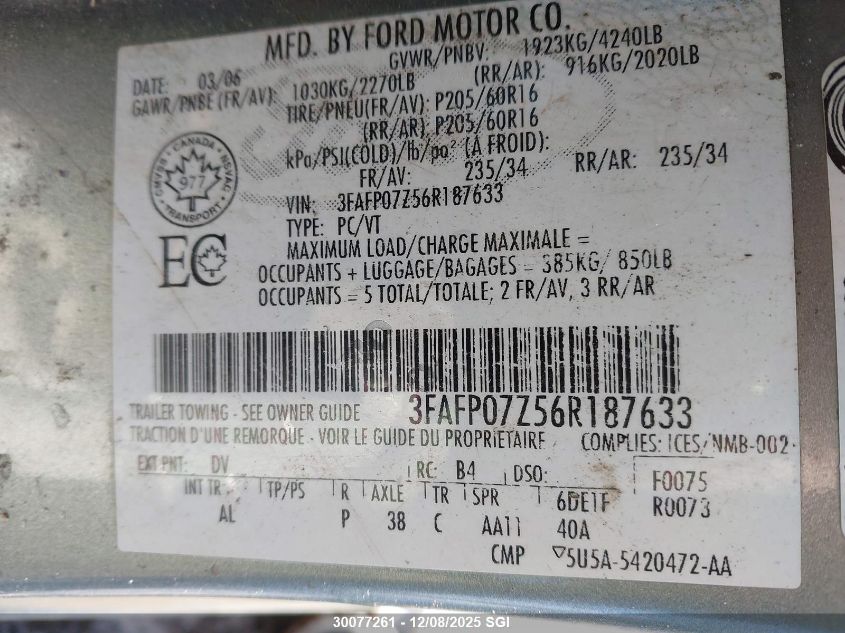2006 Ford Fusion Se VIN: 3FAFP07Z56R187633 Lot: 30077261