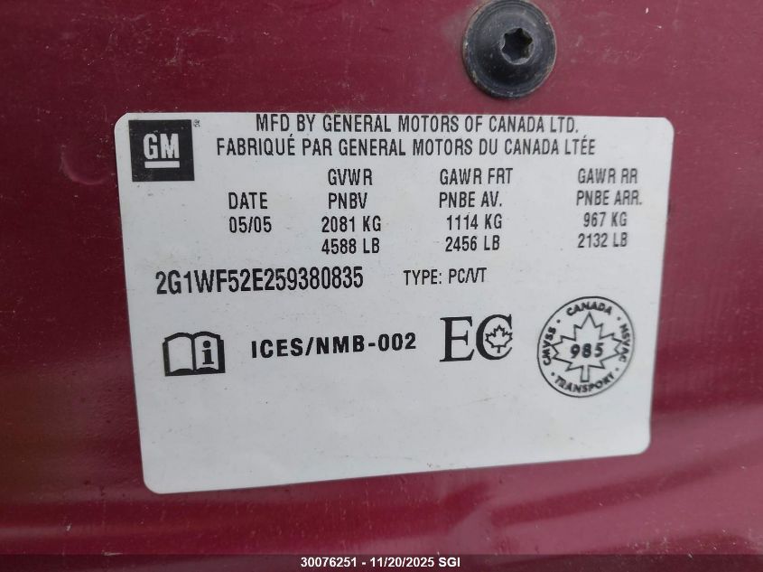 2005 Chevrolet Impala VIN: 2G1WF52E259380835 Lot: 30076251