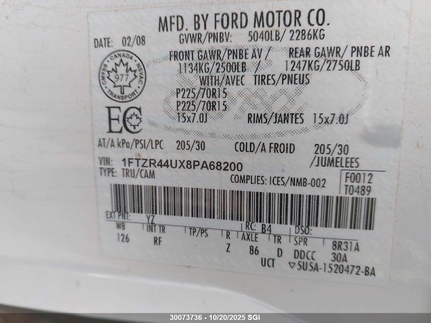 2008 Ford Ranger Super Cab VIN: 1FTZR44UX8PA68200 Lot: 30073736