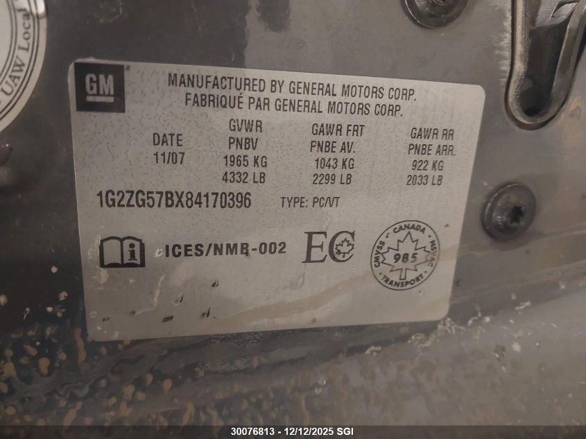 2008 Pontiac G6 Se VIN: 1G2ZG57BX84170396 Lot: 30076813