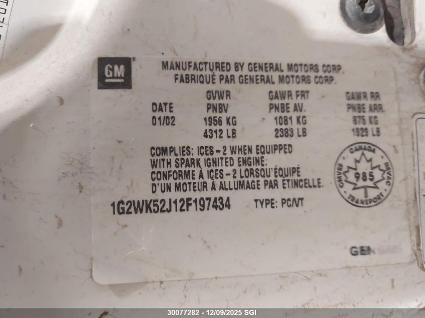 2002 Pontiac Grand Prix Se VIN: 1G2WK52J12F197434 Lot: 30077282