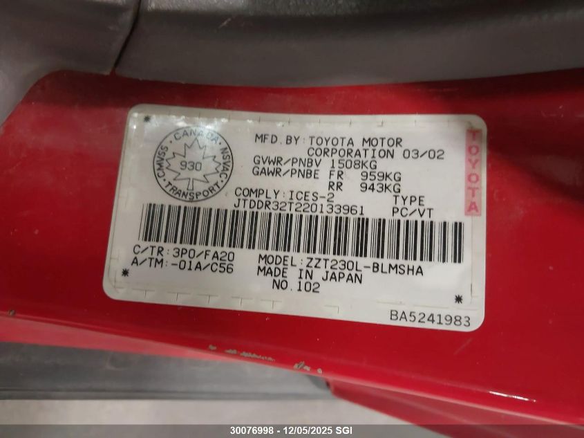 2002 Toyota Celica Gt VIN: JTDDR32T220133961 Lot: 30076998