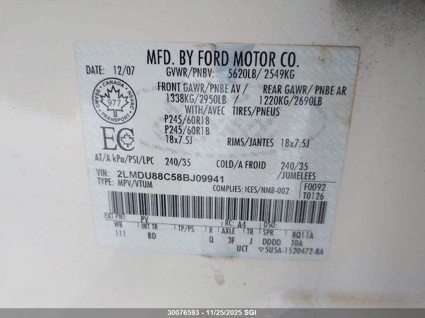 2008 Lincoln Mkx VIN: 2LMDU88C58BJ09941 Lot: 30076593