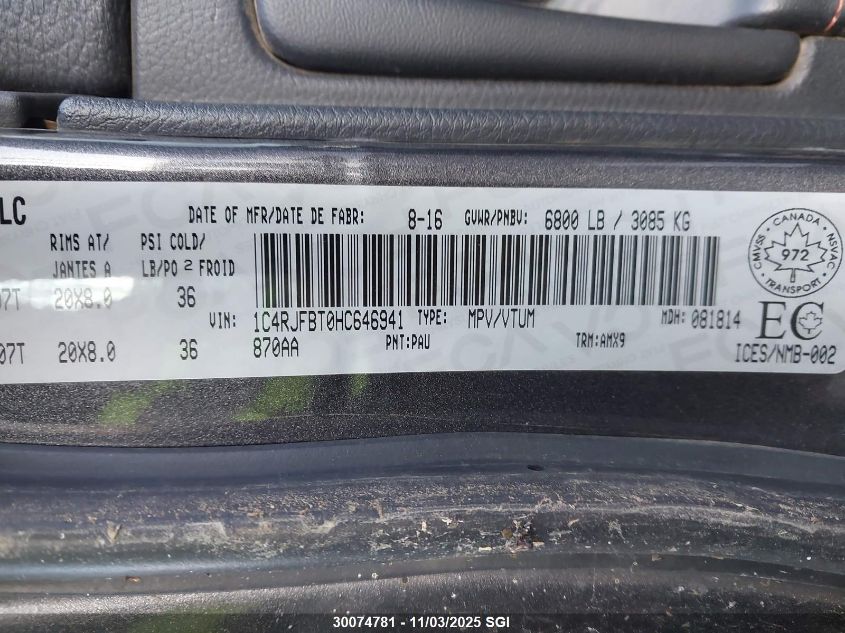 2017 Jeep Grand Cherokee Limited VIN: 1C4RJFBT0HC646941 Lot: 30074781