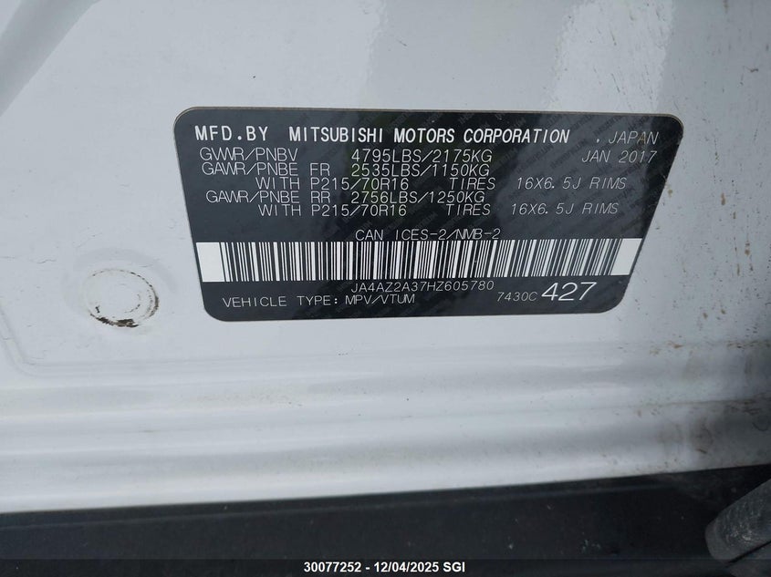 JA4AZ2A37HZ605780 2017 MITSUBISHI OUTLANDER photo no. 9
