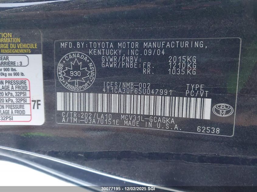 2005 Toyota Camry Solara Se/Sle VIN: 4T1CA30P65U047991 Lot: 30077195