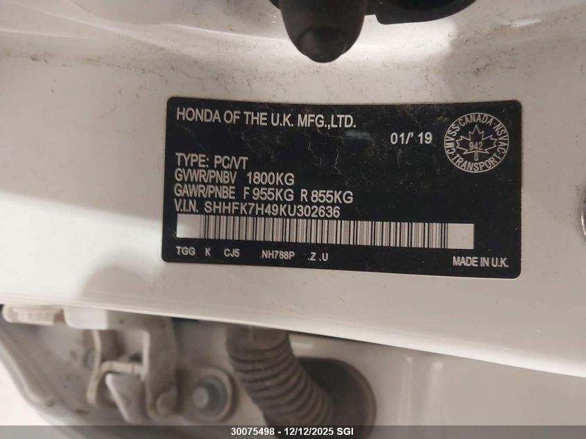 2019 Honda Civic Sport VIN: SHHFK7H49KU302636 Lot: 30075498