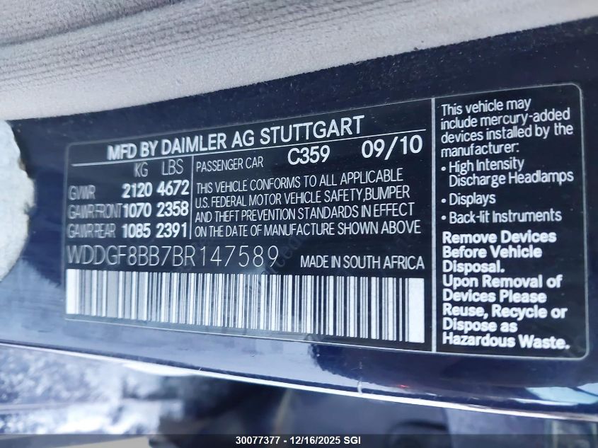 2011 Mercedes-Benz C 300 4Matic VIN: WDDGF8BB7BR147589 Lot: 30077377