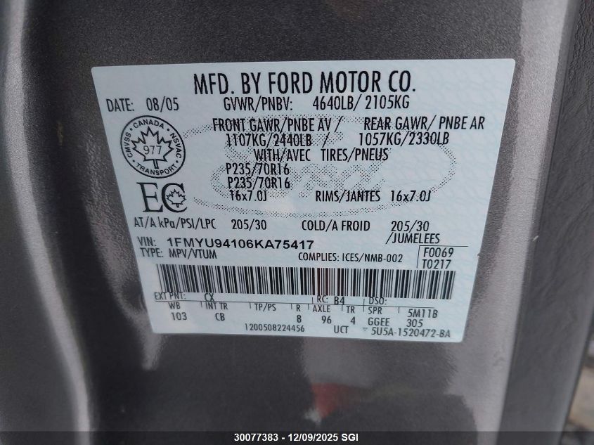 2006 Ford Escape Limited VIN: 1FMYU94106KA75417 Lot: 30077383