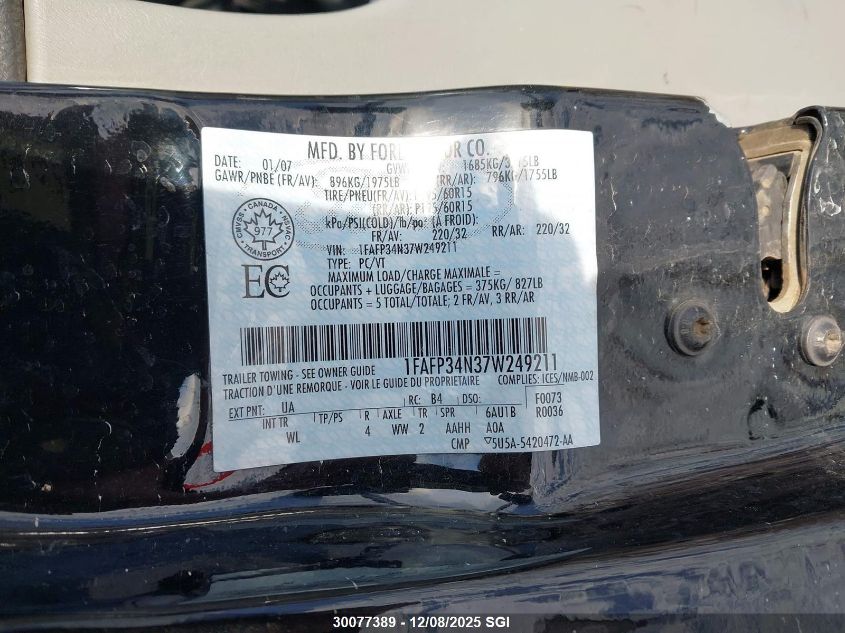 2007 Ford Focus Zx4/S/Se/Ses VIN: 1FAFP34N37W249211 Lot: 30077389