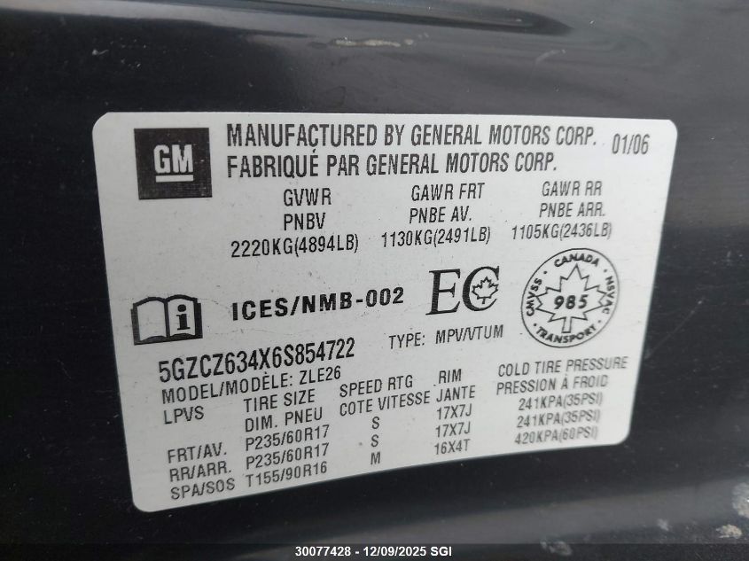 2006 Saturn Vue VIN: 5GZCZ634X6S854722 Lot: 30077428