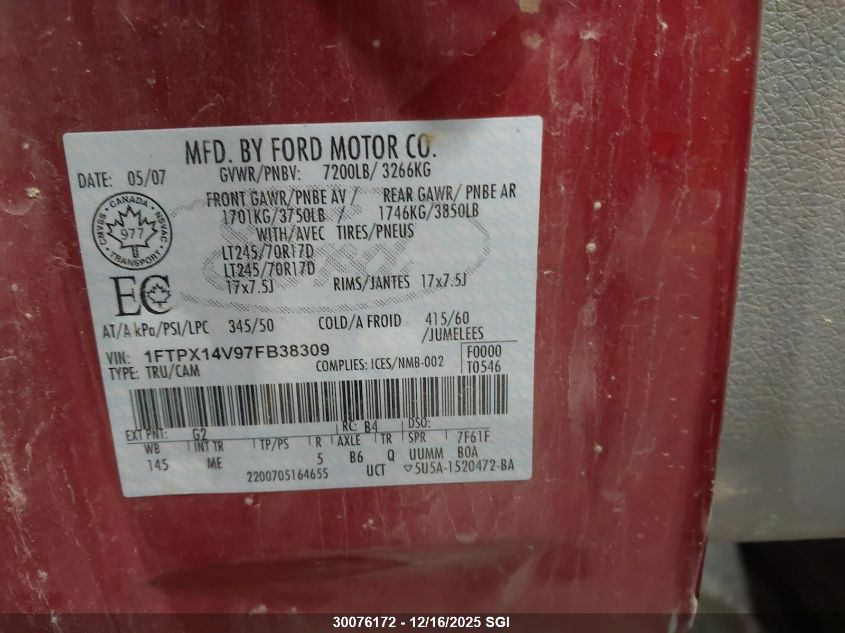 2007 Ford F150 VIN: 1FTPX14V97FB38309 Lot: 30076172