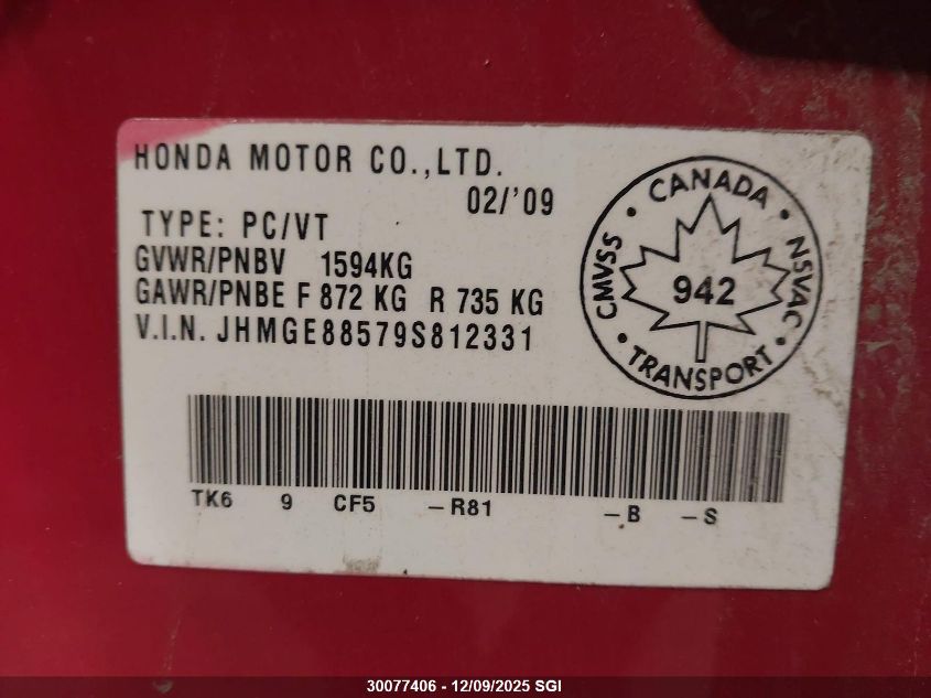 2009 Honda Fit Lx VIN: JHMGE88579S812331 Lot: 30077406