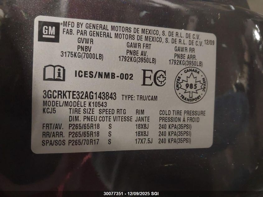 2010 Chevrolet Silverado K1500 Ltz VIN: 3GCRKTE32AG143843 Lot: 30077351