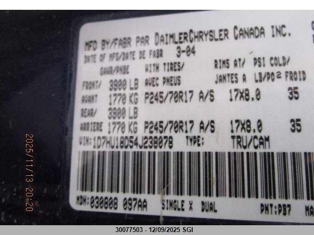 2004 Dodge Ram 1500 St/Slt VIN: 1D7HU18D54J238078 Lot: 30077503