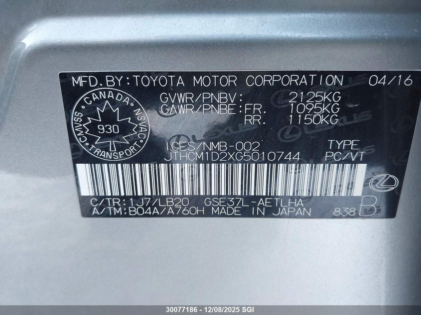 JTHCM1D2XG5010744 2016 LEXUS IS photo no. 9