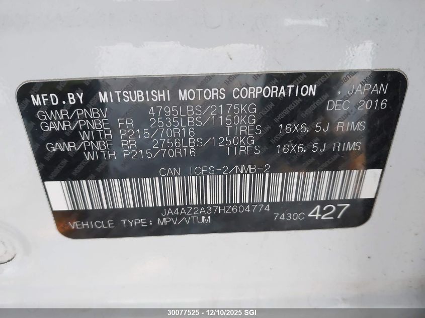 2017 Mitsubishi Outlander Es VIN: JA4AZ2A37HZ604774 Lot: 30077525