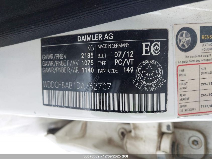 2013 Mercedes-Benz C 300 4Matic VIN: WDDGF8AB1DA762707 Lot: 30076062