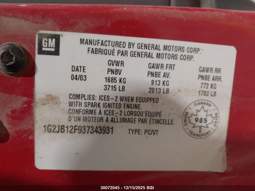 2003 Pontiac Sunfire VIN: 1G2JB12F937343931 Lot: 30072045