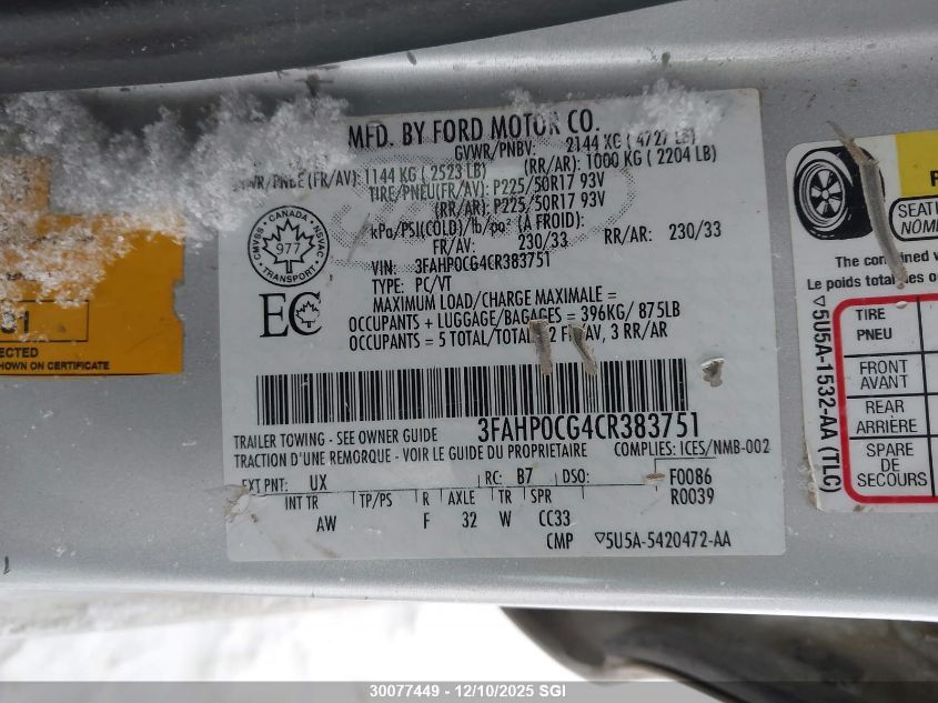 2012 Ford Fusion Sel VIN: 3FAHP0CG4CR383751 Lot: 30077449