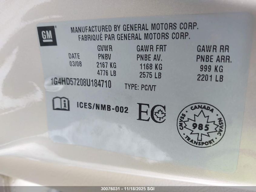 2008 Buick Lucerne Cxl VIN: 1G4HD57208U184710 Lot: 30076031