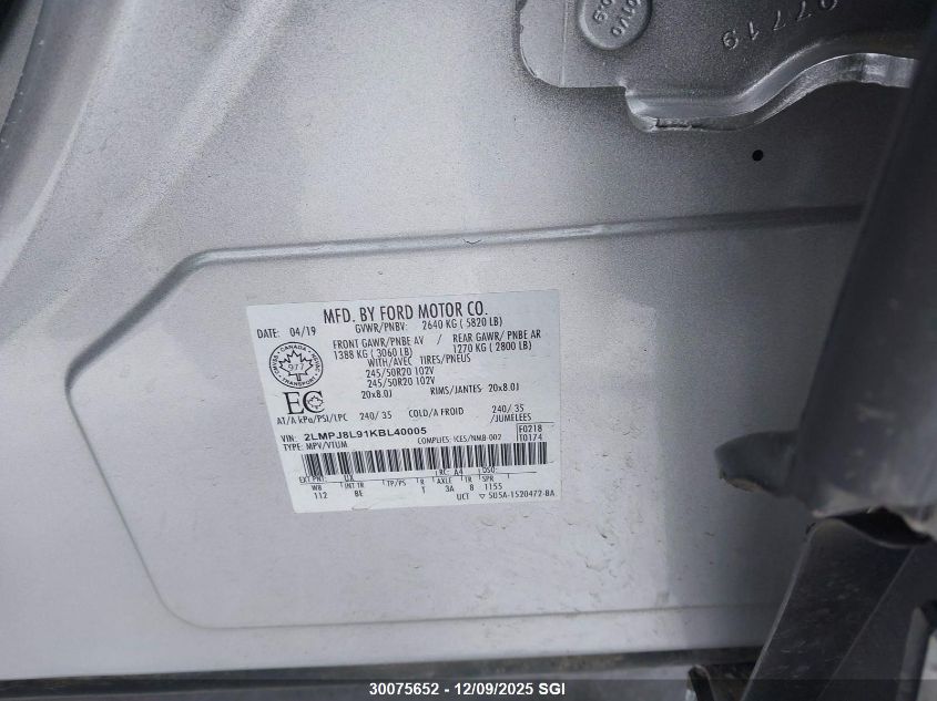 2019 Lincoln Nautilus Reserve VIN: 2LMPJ8L91KBL40005 Lot: 30075652