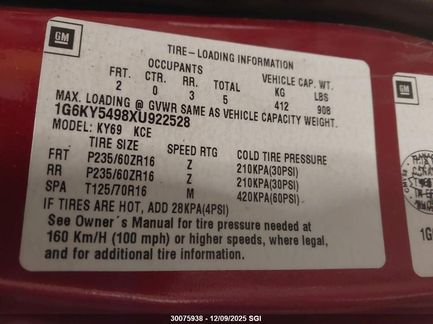 1999 Cadillac Seville Sts VIN: 1G6KY5498XU922528 Lot: 30075938