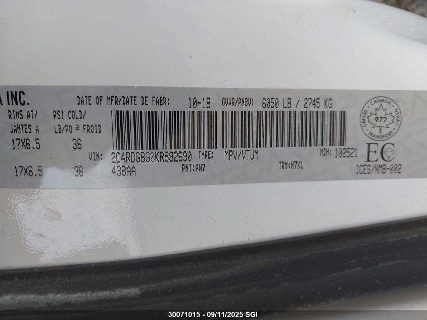 2019 Dodge Grand Caravan Cvp/Sxt VIN: 2C4RDGBG0KR582690 Lot: 30071015