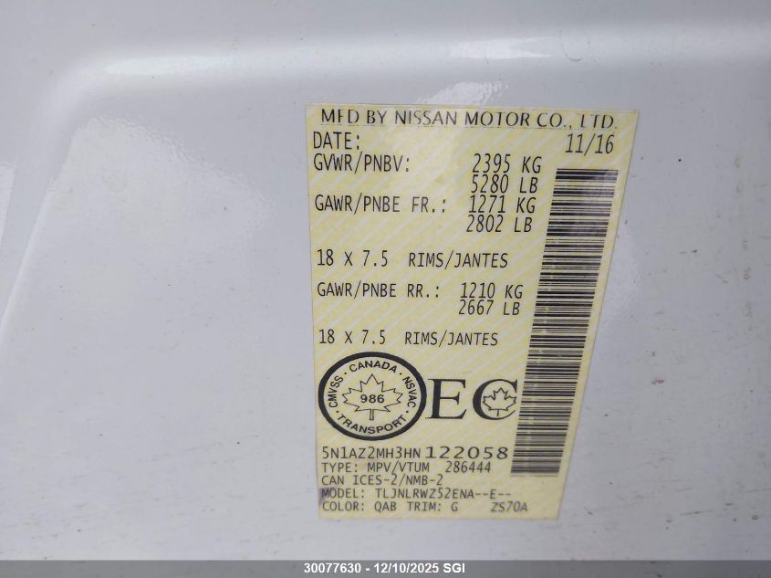 2017 Nissan Murano S/Sl/Sv/Platinum VIN: 5N1AZ2MH3HN122058 Lot: 30077630