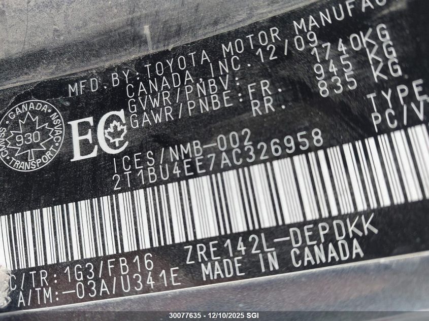 2010 Toyota Corolla S/Le/Xle VIN: 2T1BU4EE7AC326958 Lot: 30077635