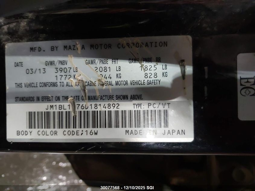 2013 Mazda 3 I VIN: JM1BL1V76D1814892 Lot: 30077568