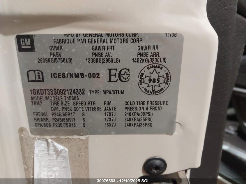 2009 GMC Envoy Sle VIN: 1GKDT33S092124332 Lot: 30076583