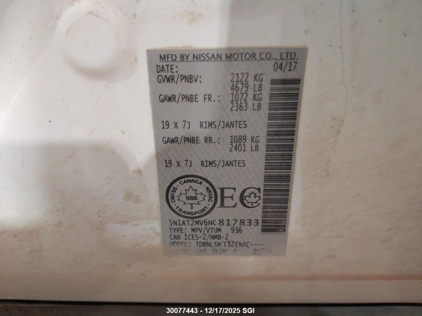2017 Nissan Rogue Sv/Sl VIN: 5N1AT2MV6HC817833 Lot: 30077443