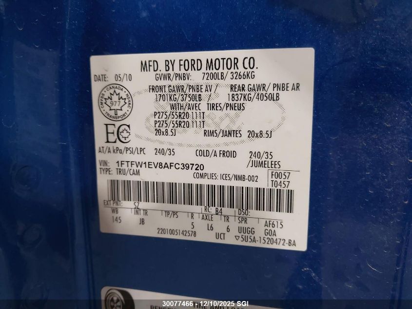 2010 Ford F150 Supercrew VIN: 1FTFW1EV8AFC39720 Lot: 30077466