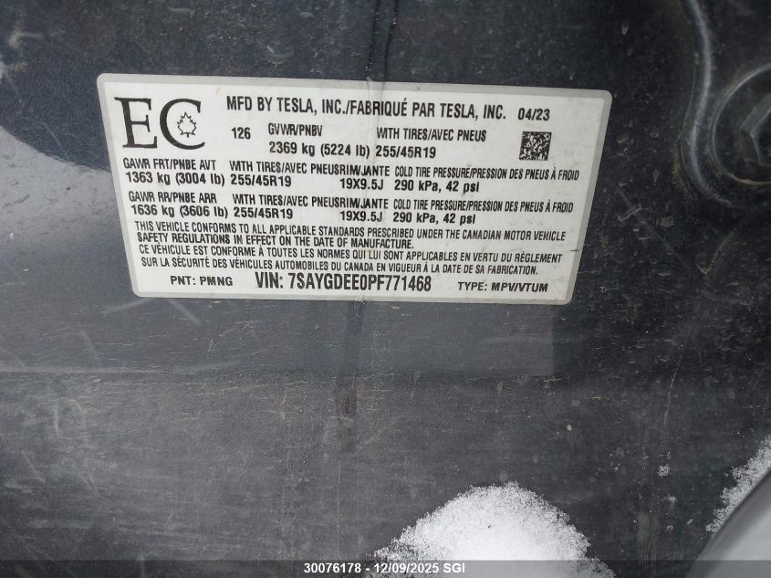 2023 Tesla Model Y VIN: 7SAYGDEE0PF771468 Lot: 30076178