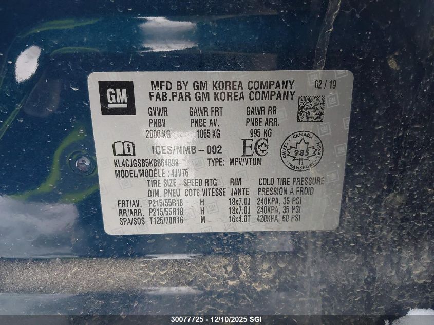 2019 Buick Encore Essence VIN: KL4CJGSB5KB864898 Lot: 30077725