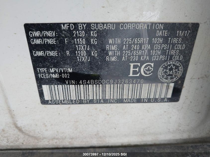 2018 Subaru Outback 2.5I Premium VIN: 4S4BSDDC9J3263470 Lot: 30073997