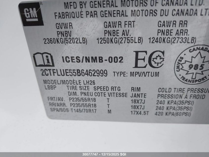 2011 GMC Terrain Slt VIN: 2CTFLUE55B6462999 Lot: 30077747