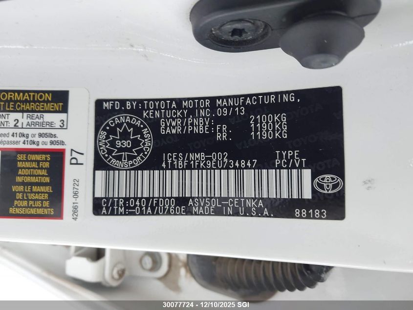 2014 Toyota Camry L/Se/Le/Xle VIN: 4T1BF1FK9EU734847 Lot: 30077724