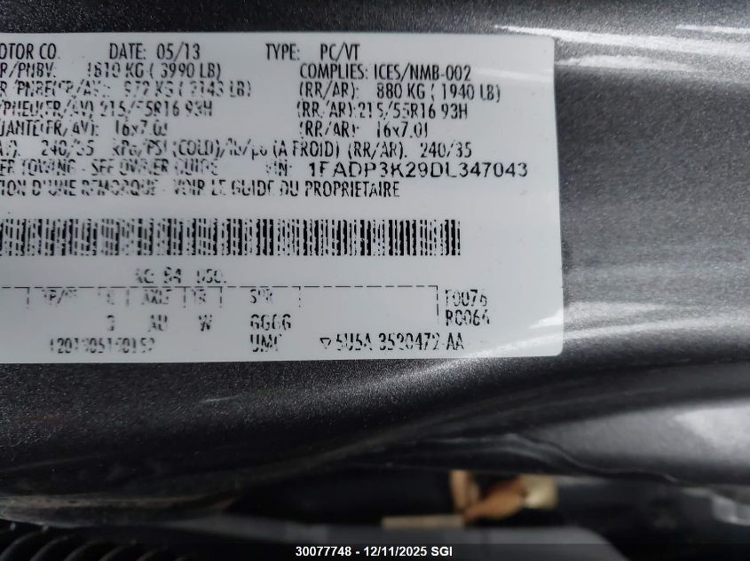 2013 Ford Focus Se VIN: 1FADP3K29DL347043 Lot: 30077748