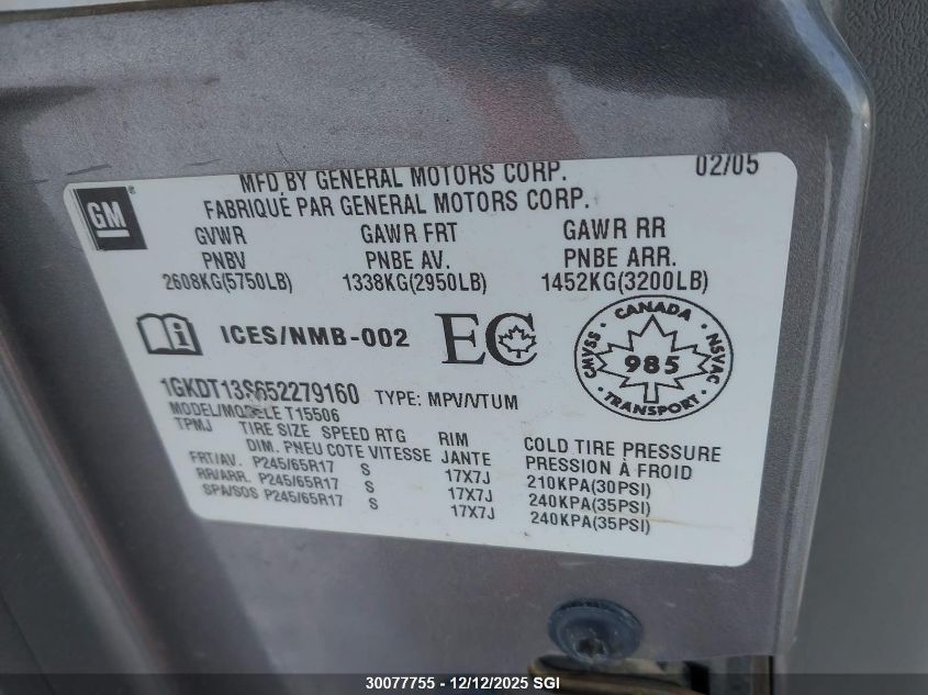 2005 GMC Envoy VIN: 1GKDT13S652279160 Lot: 30077755