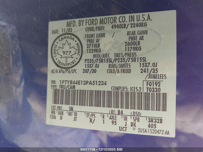 2003 Ford Ranger Super Cab VIN: 1FTYR44E13PA51234 Lot: 30077756