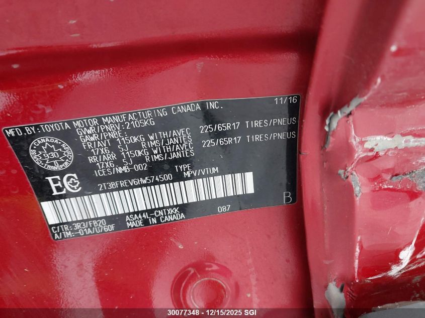 2017 Toyota Rav4 Le VIN: 2T3BFREV6HW574500 Lot: 30077348