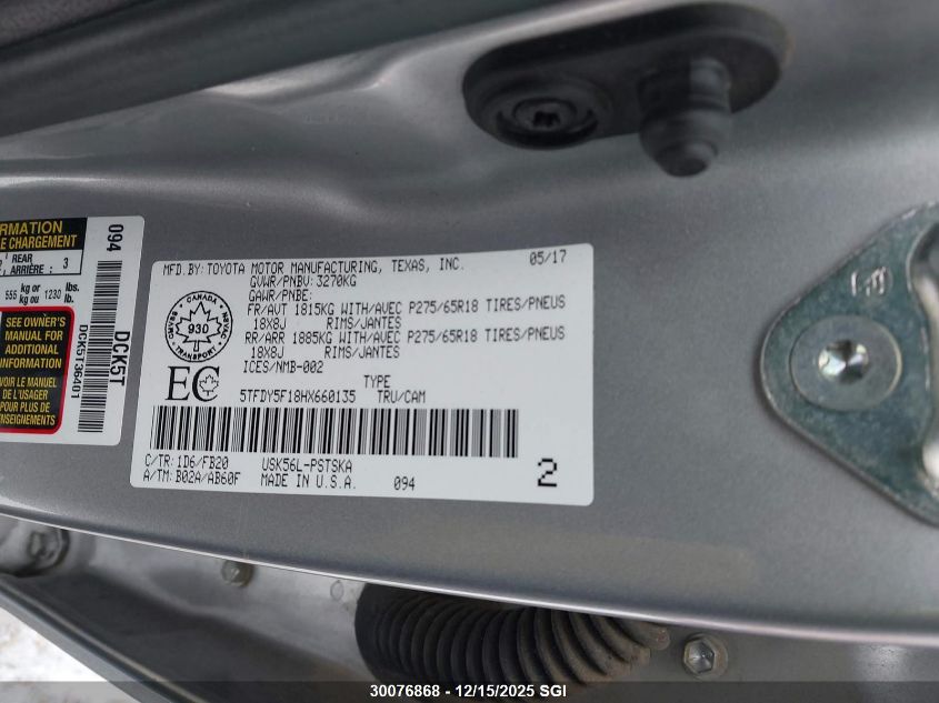 2017 Toyota Tundra Crewmax Sr5/Trd Pro VIN: 5TFDY5F18HX660135 Lot: 30076868
