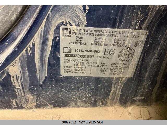 2016 Chevrolet Silverado K1500 Ltz VIN: 3GCUKSEC9GG109962 Lot: 30077852