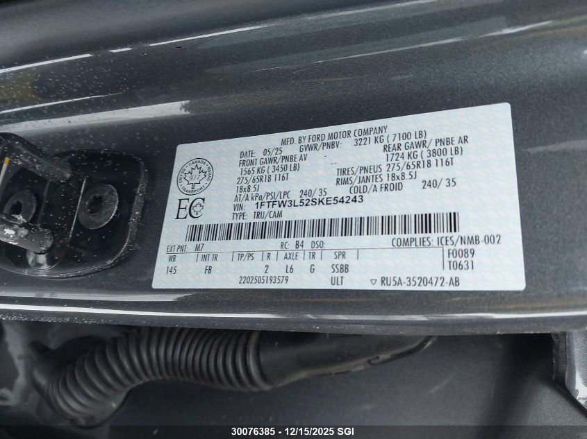 2025 Ford F150 Xlt VIN: 1FTFW3L52SKE54243 Lot: 30076385