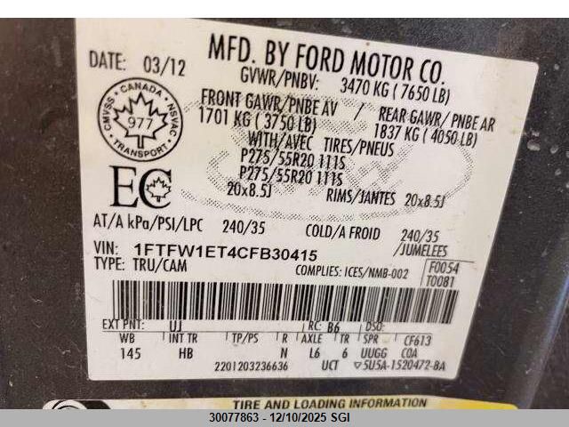 2012 Ford F150 Supercrew VIN: 1FTFW1ET4CFB30415 Lot: 30077863