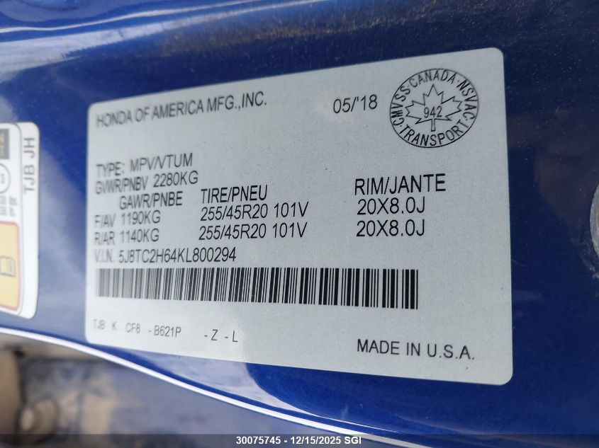 2019 Acura Rdx A-Spec VIN: 5J8TC2H64KL800294 Lot: 30075745